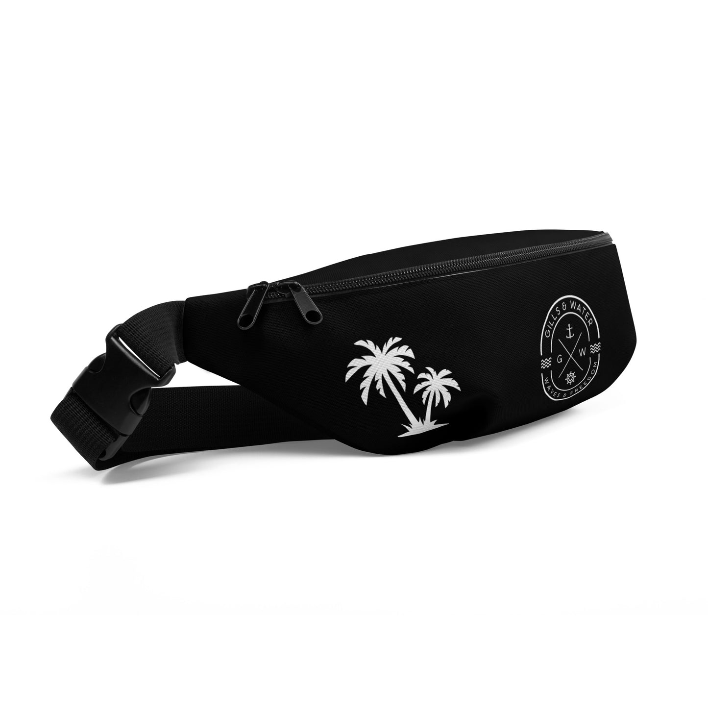 PalmTrek: Gills and Water Black Fanny Pack with Palm Trees