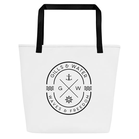 TidalTrek: Gills and Water Large White Tote Bag with Pocket