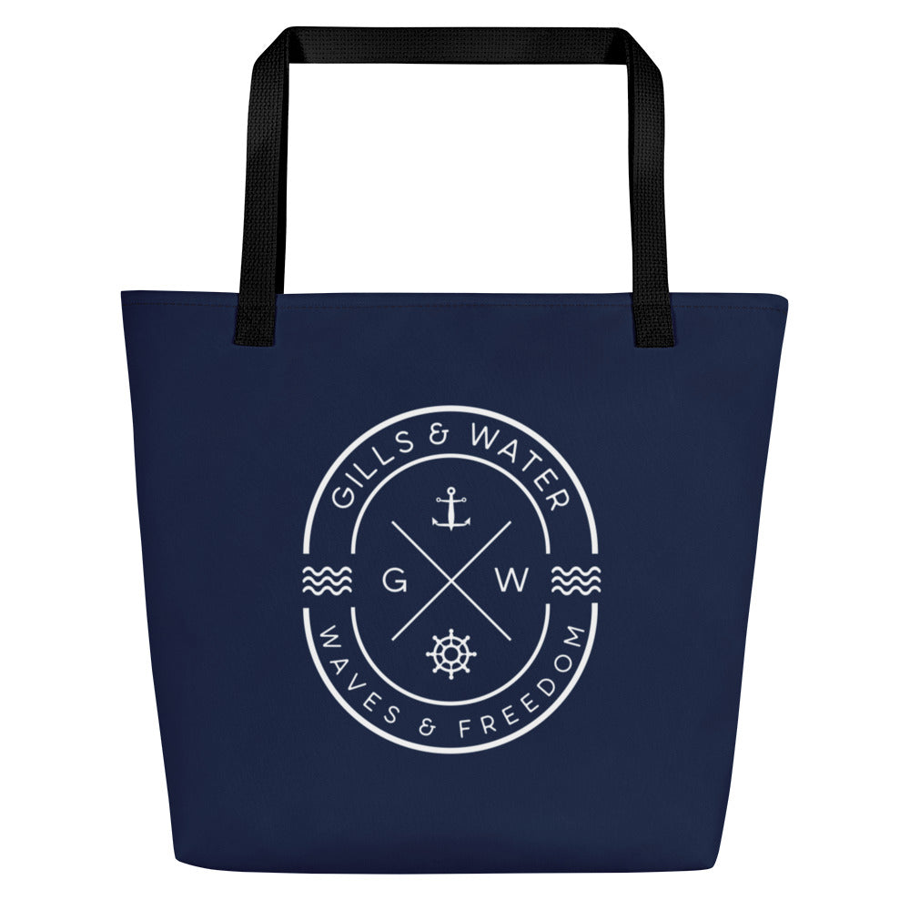 TidalTrek: Gills and Water Large Navy Tote Bag with Pocket