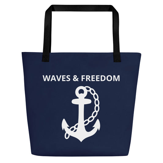Waves & Freedom: Gills and Water Large Navy Tote Bag with Pocket
