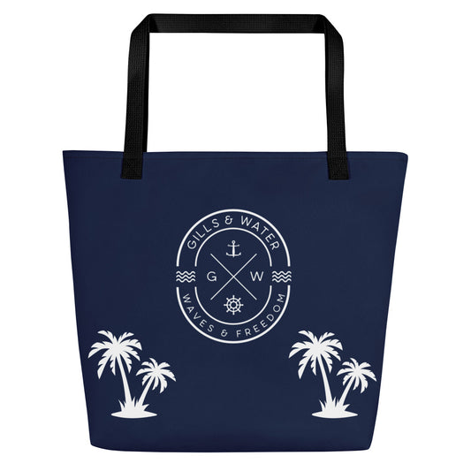 PalmSail: Gills and Water Large Navy Tote Bag with Pocket