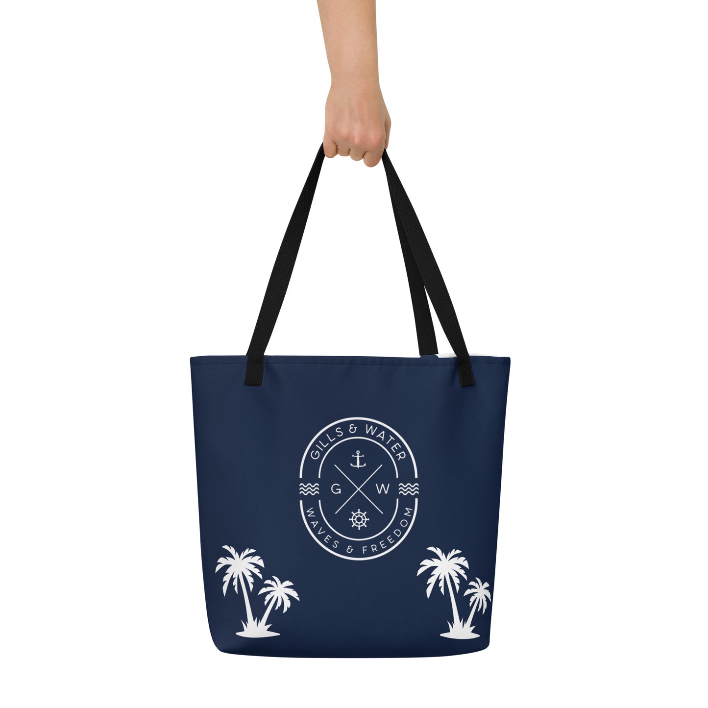 PalmSail: Gills and Water Large Navy Tote Bag with Pocket