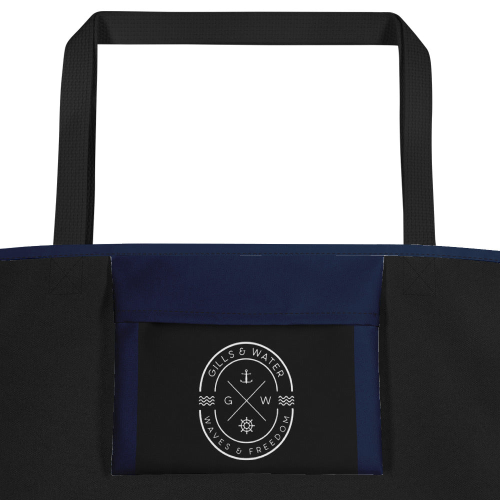 TidalTrek: Gills and Water Large Navy Tote Bag with Pocket