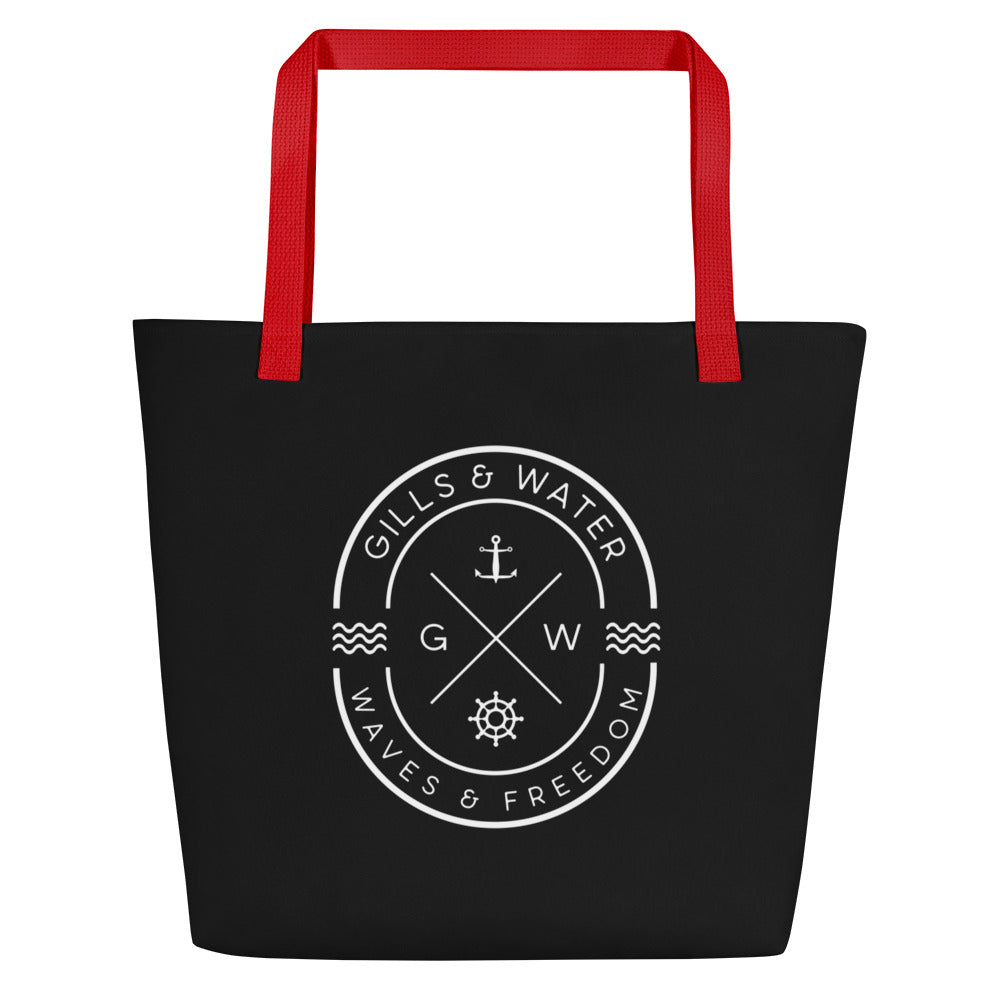 TidalTrek: Gills and Water Large Black Tote Bag with Pocket