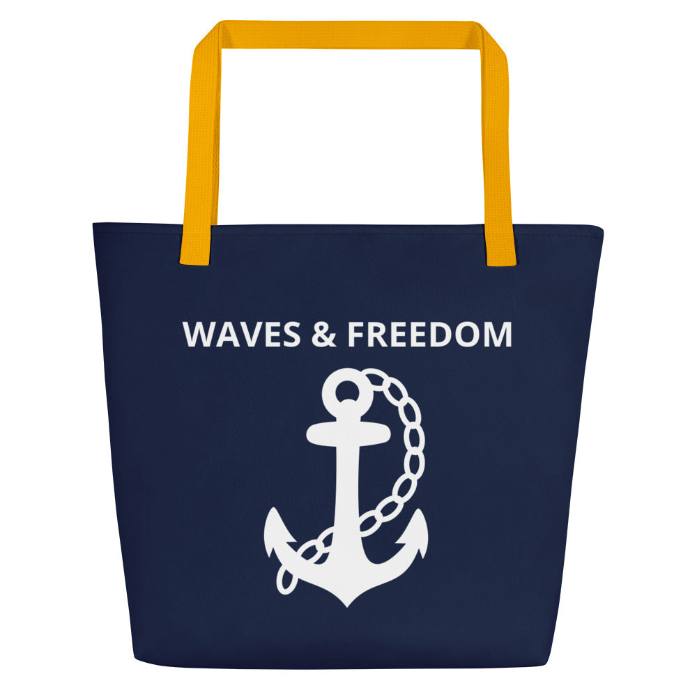 Waves & Freedom: Gills and Water Large Navy Tote Bag with Pocket