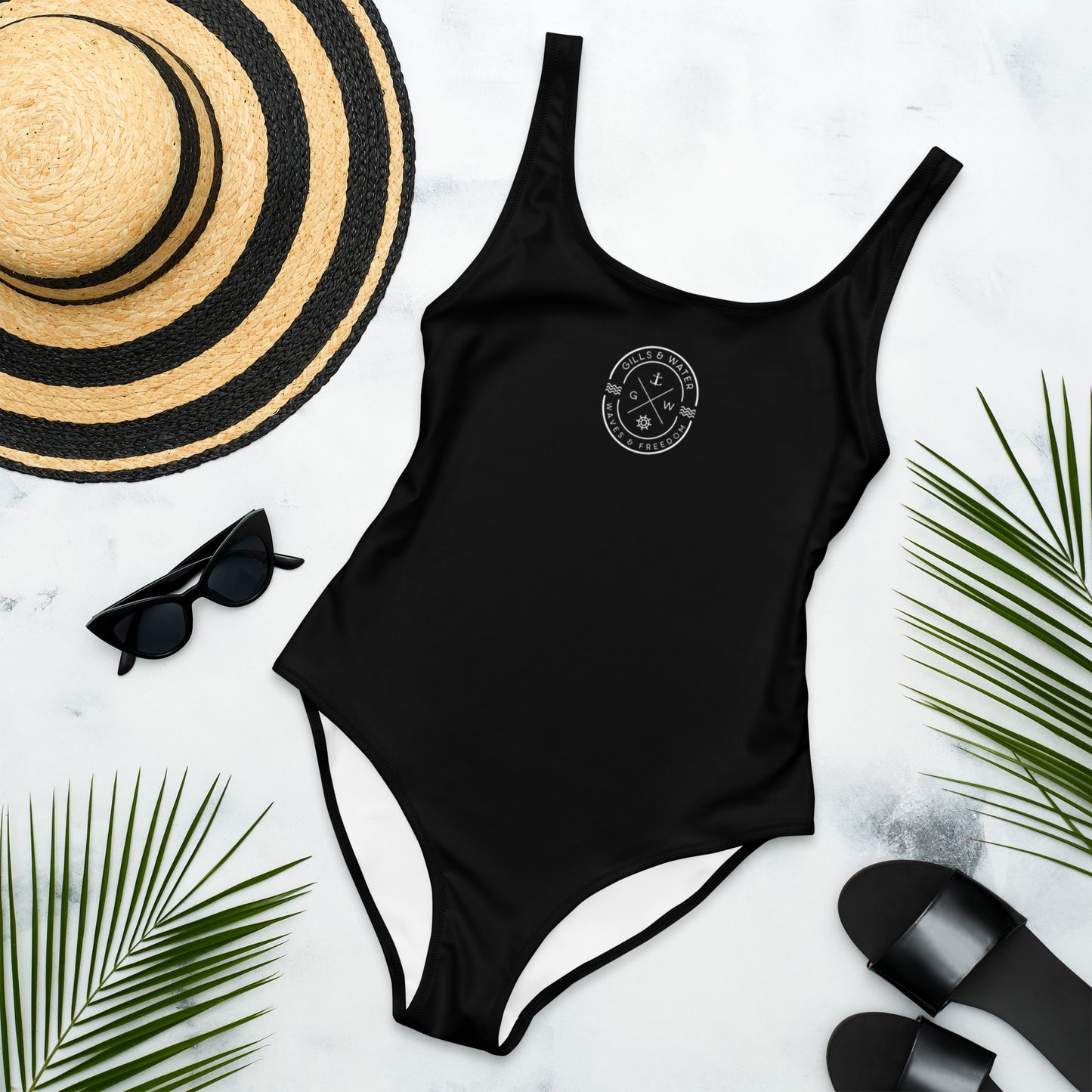 Marine Muse: Gills and Water Black One-Piece Swimsuit