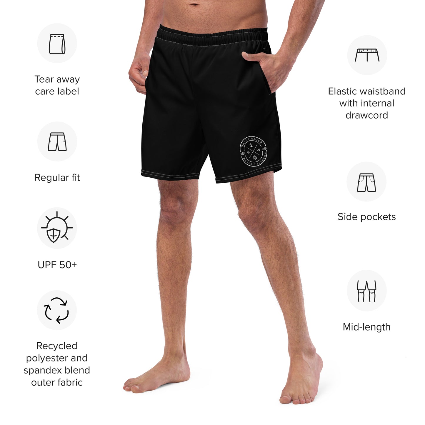 HydroWave: Gills and Water Men's Black Swim Trunks