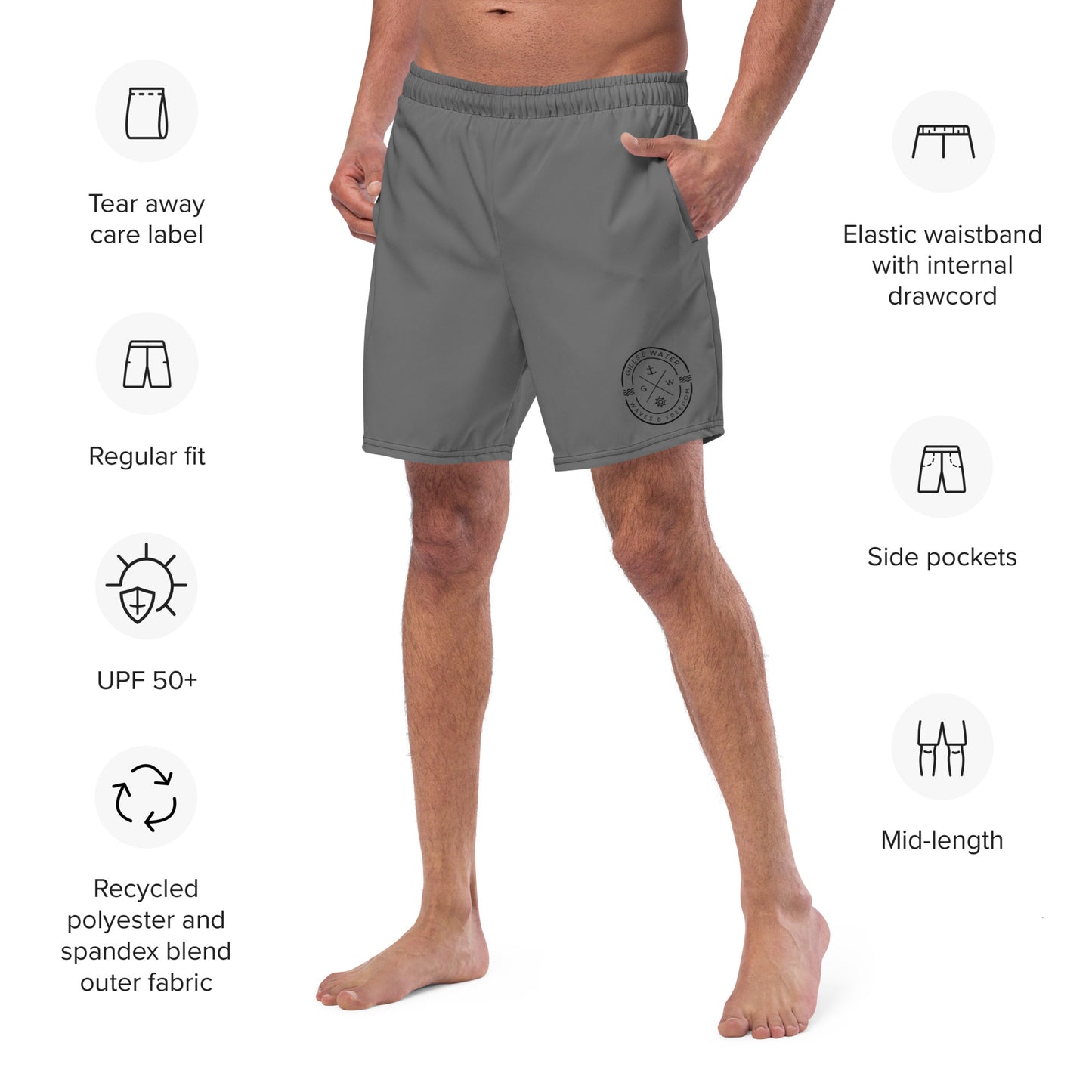 HydroWave: Gills and Water Men's Grey Swim Trunks