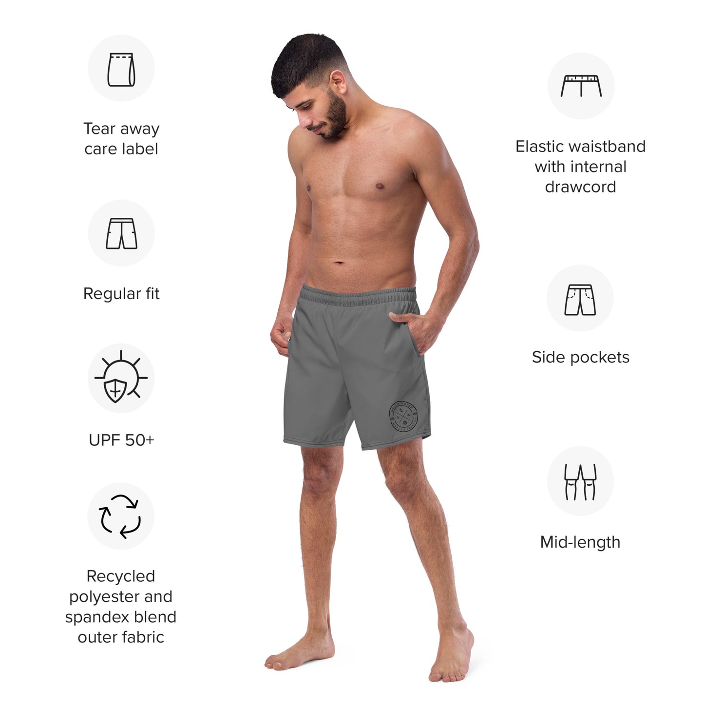 HydroWave: Gills and Water Men's Grey Swim Trunks