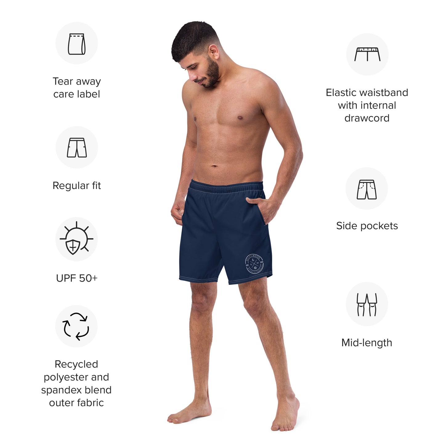 HydroWave: Gills and Water Men's Navy Swim Trunks