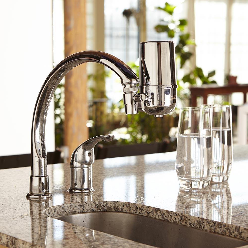 Bathroom faucet water filter installed on sink faucet
