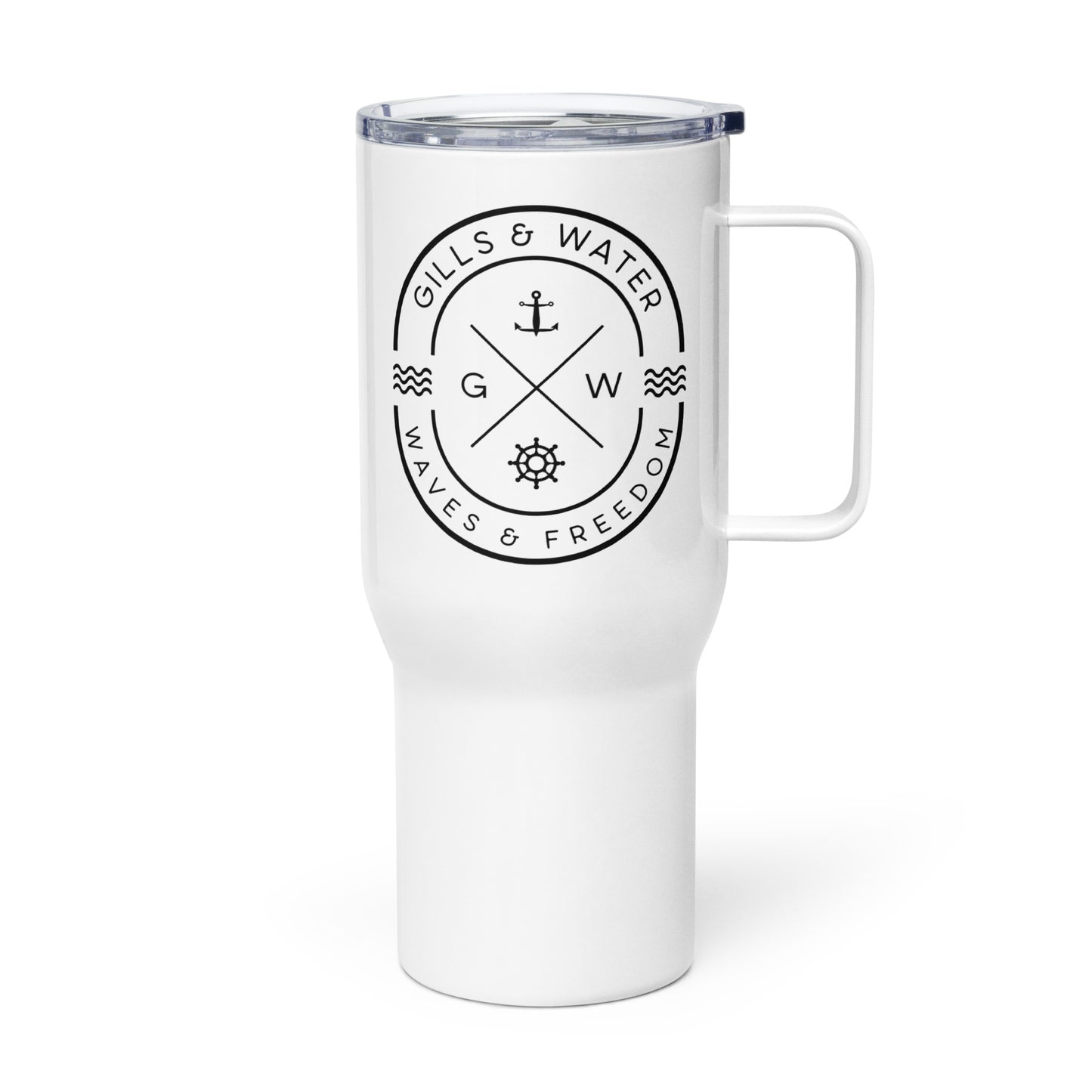 White Travel mug with a handle